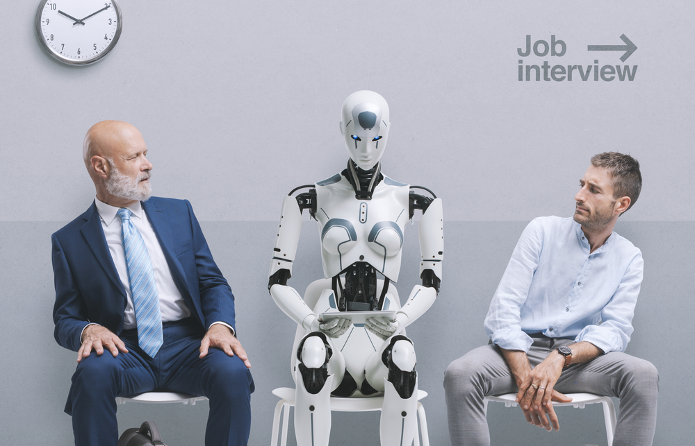 humans staring at a robot in a job interview waiting room - deposit photos